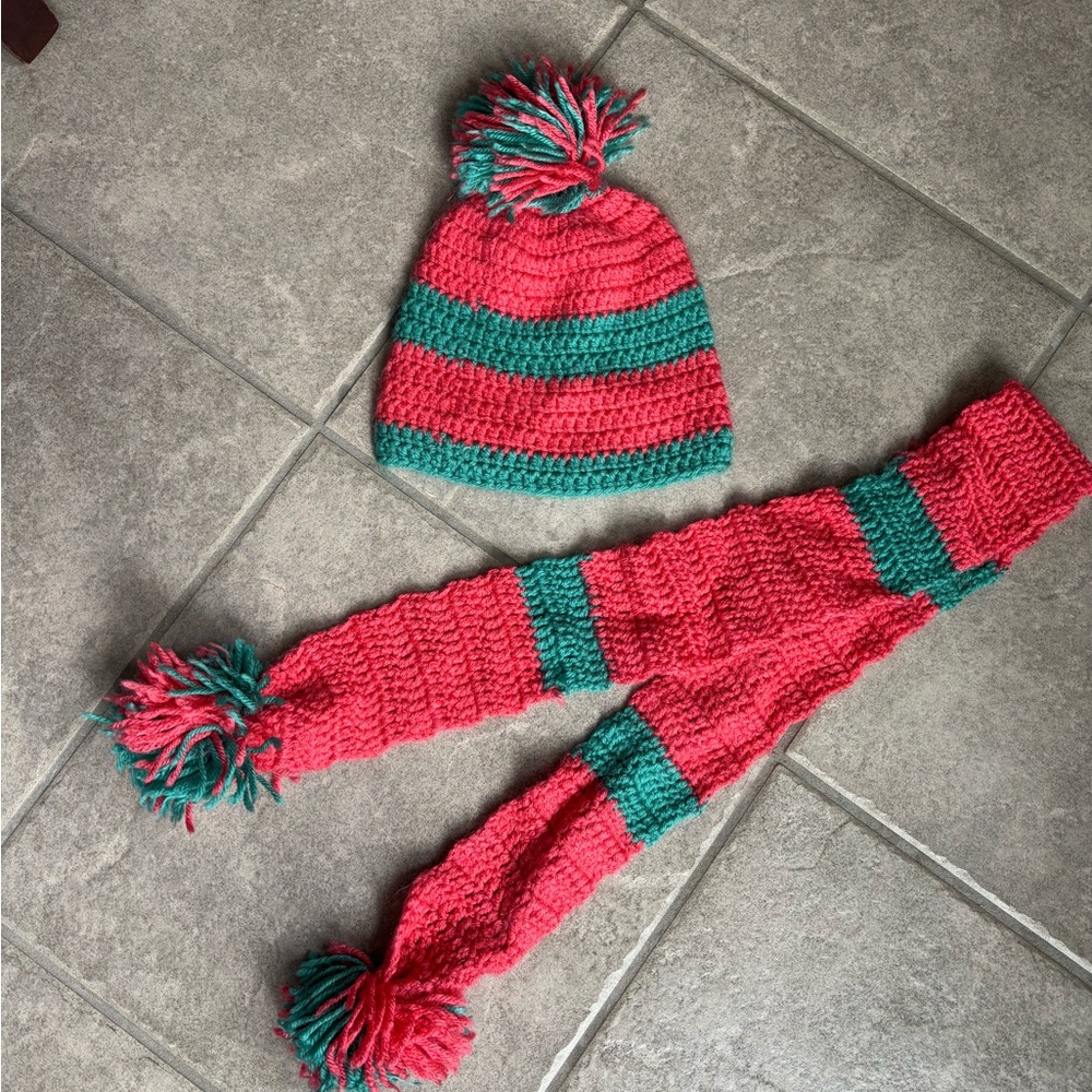 Handmade Red and Green Striped Hat and Scarf Set